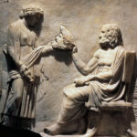 Detail of Marble relief portraying Euripides receiving tragic mask as sign of acknowledgment, from Smyrna, Turkey