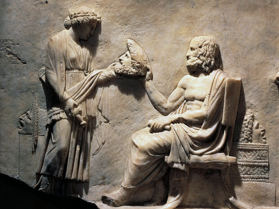 Detail of Marble relief portraying Euripides receiving tragic mask as sign of acknowledgment, from Smyrna, Turkey